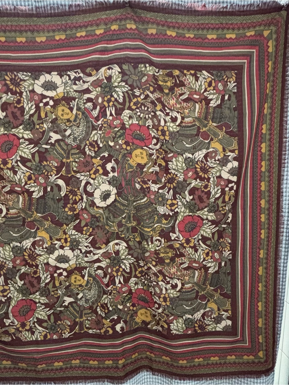 Vintage RARE FIND Liberty of London Wool Scarf Thai Balinese Dancer Floral 50"sq